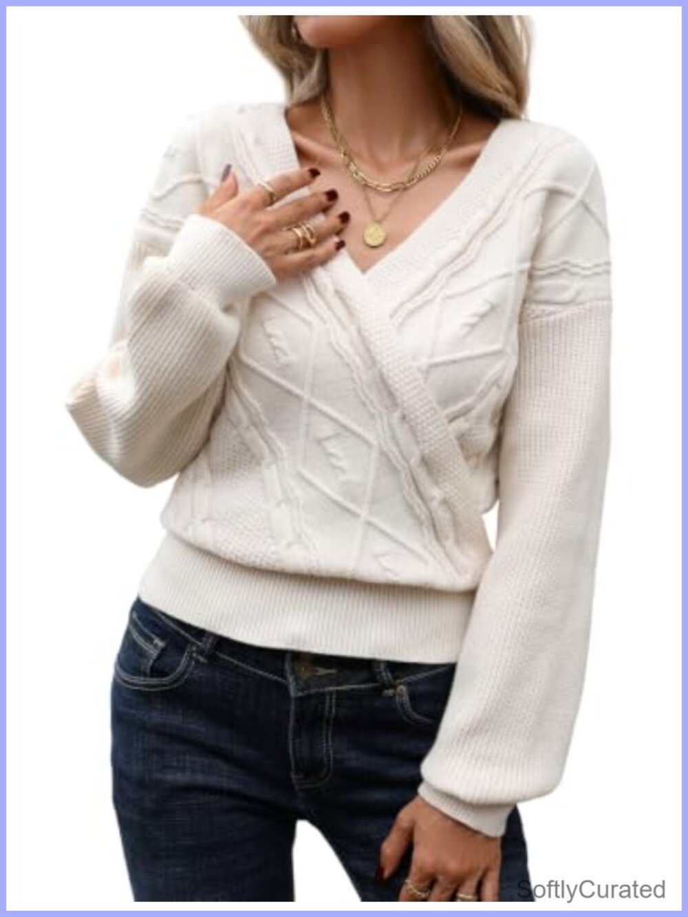 Women's Cross V Neck Cable Knit Sweater Balloon Sleeve Pullover